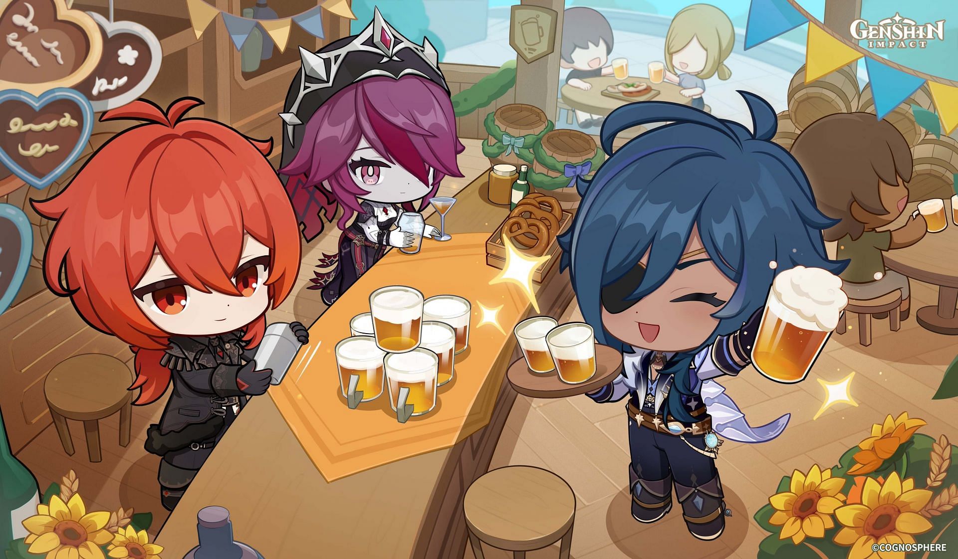 Diluc, Rosaria, and Kaeya enjoying themselves in the tavern (Image via HoYoverse)
